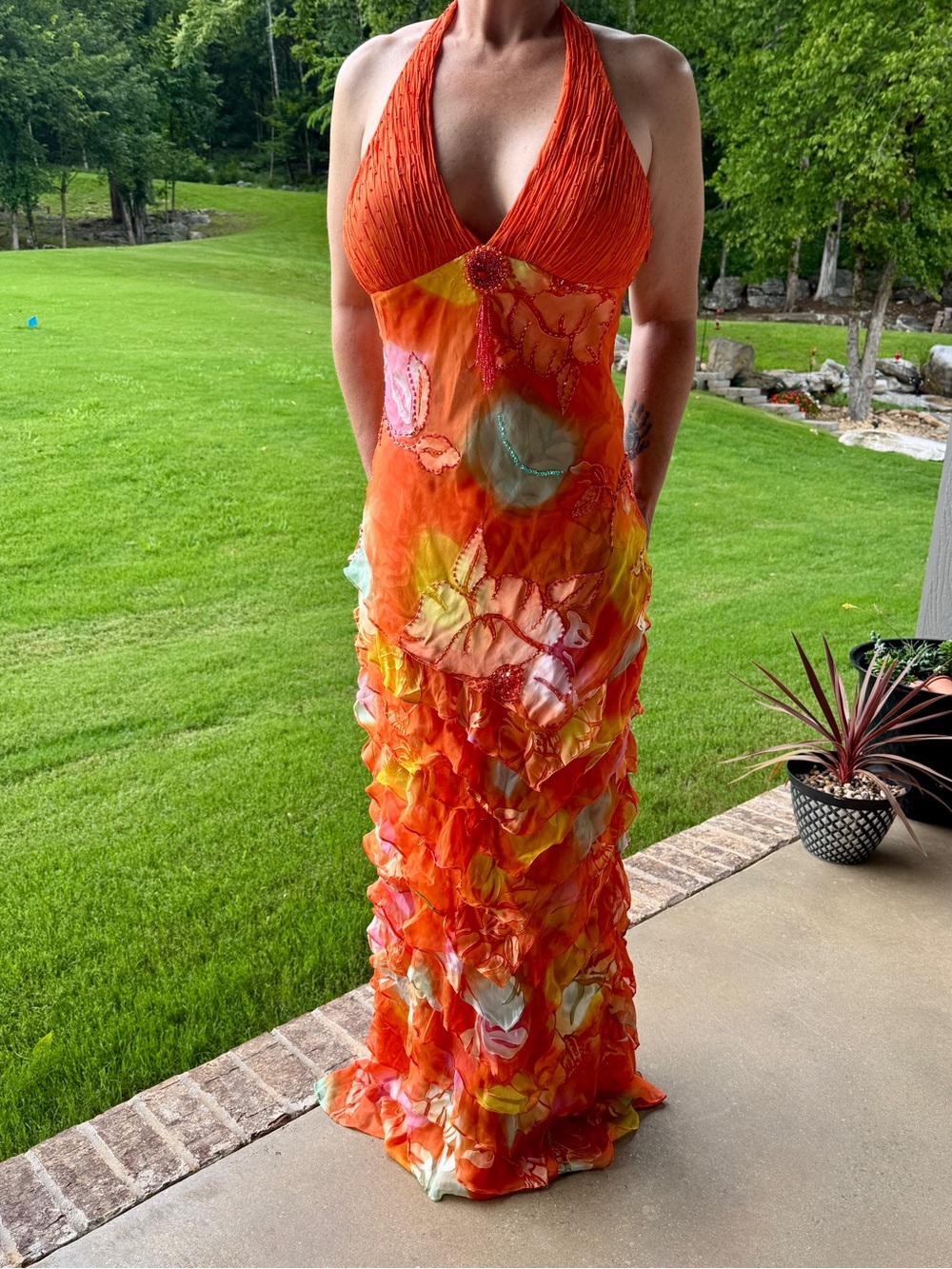 Sue Wong Orange Halter Maxi Dress with Multicolor Floral Accents